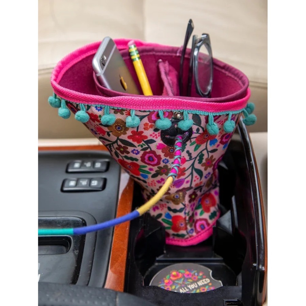 Natural Life Car Cup Holder Organizer Floral Pom Pom Boho New Travel Accessories